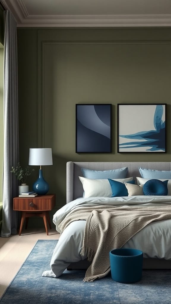 A cozy bedroom featuring sage green walls and navy blue accents.
