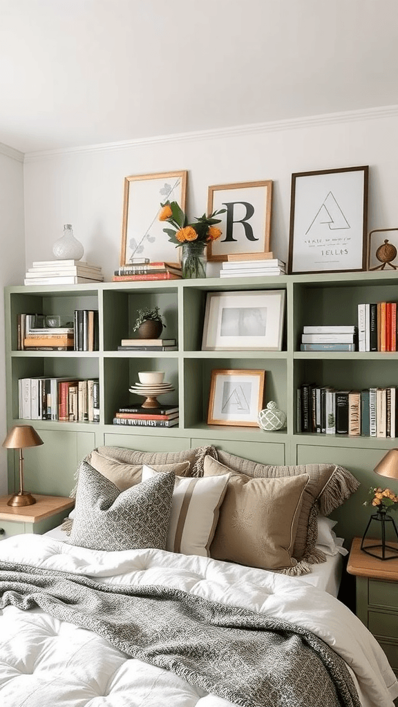 Stylish sage green shelving with decorative items in a bedroom.