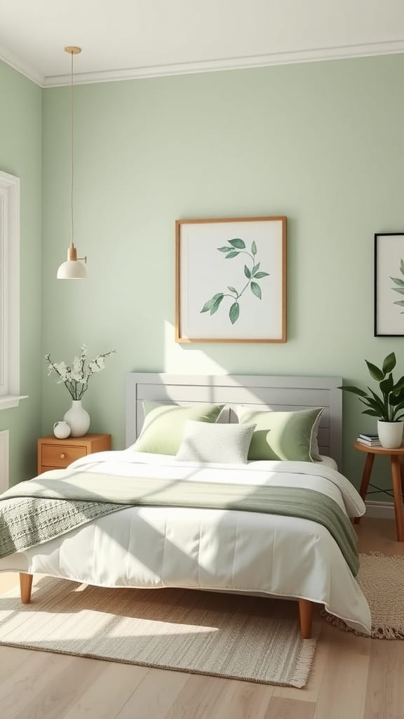A stylish bedroom featuring sage green walls and decor.