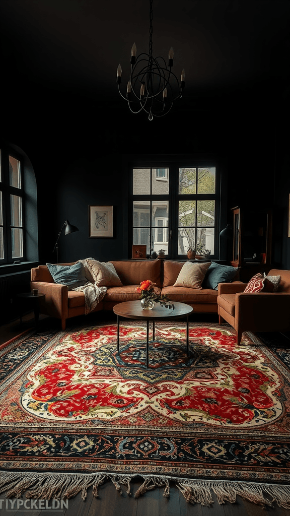 A dark bohemian living room with a colorful rug, brown couch, and stylish decor.