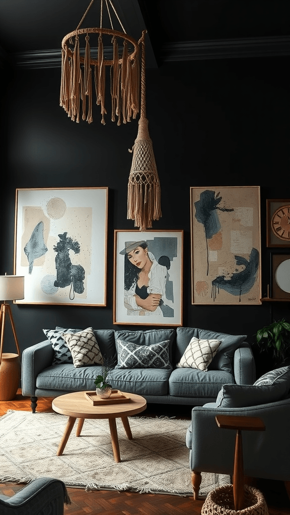 A dark boho living room featuring a cozy sofa, unique wall art, and a macrame light fixture.