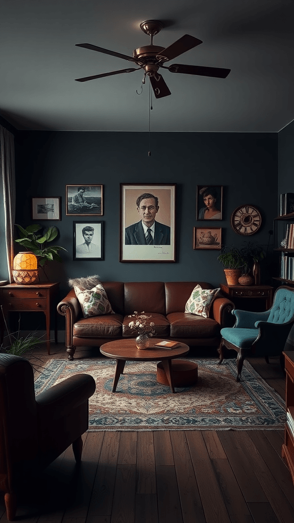 A cozy dark boho living room featuring vintage furniture, including a leather sofa, an accent chair, and a decorative rug.