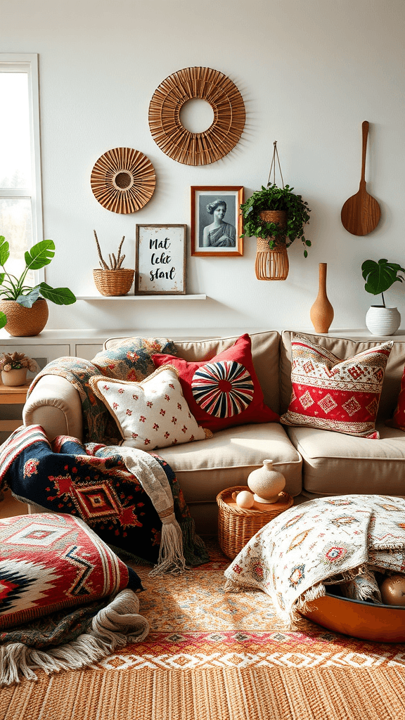 A cozy living room with an assortment of eclectic throw pillows and blankets, showcasing various patterns and colors.