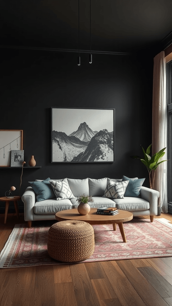 A dark boho living room featuring a textured wall, a comfortable couch, and stylish decor.