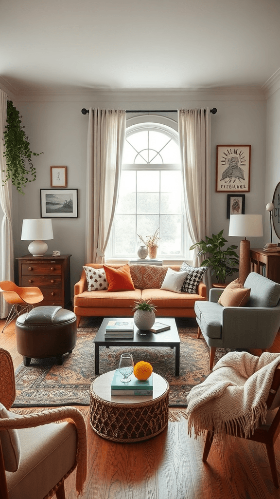 A stylish dark boho living room featuring a mix of furniture styles, including a modern sofa and vintage armchairs.