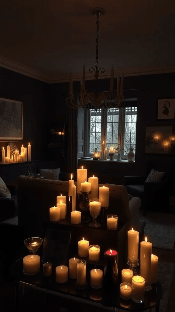 A dark boho living room featuring multiple candle displays casting a warm glow.