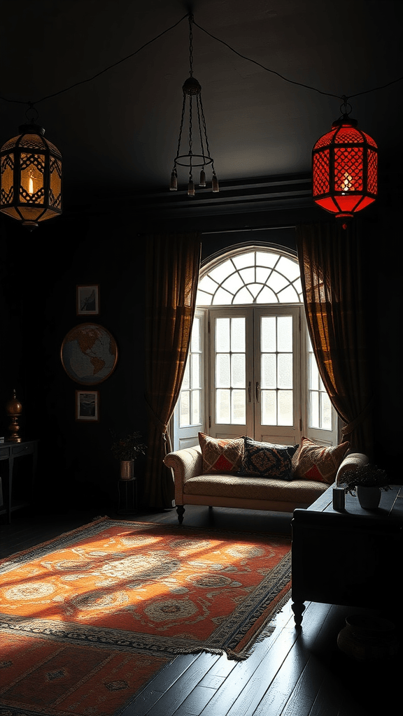 A dark boho living room with stylish decor, featuring a cozy couch and colorful lighting.