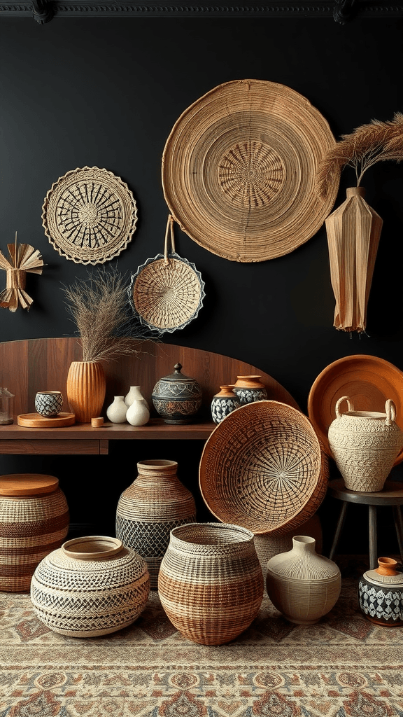 Dark boho living room with artisan crafted decor including woven baskets and pottery.