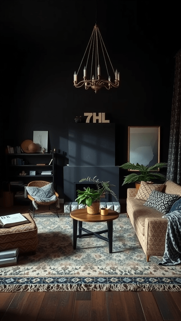 A dark boho living room featuring layered patterns and textures.