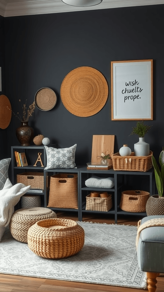 Dark boho living room with stylish storage solutions featuring baskets and shelves.