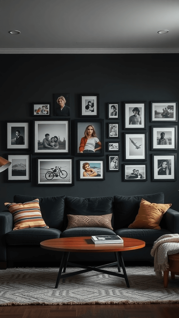 A cozy dark boho living room with a gallery wall filled with framed black and white photographs.
