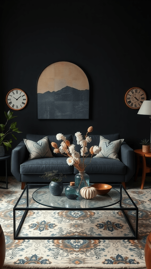 Dark boho living room with stylish coffee table and unique centerpieces.