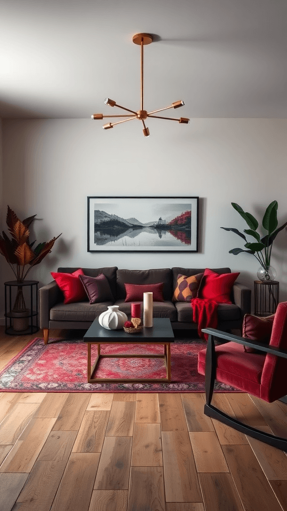 Dark boho living room with bold accent colors in pillows and decor.