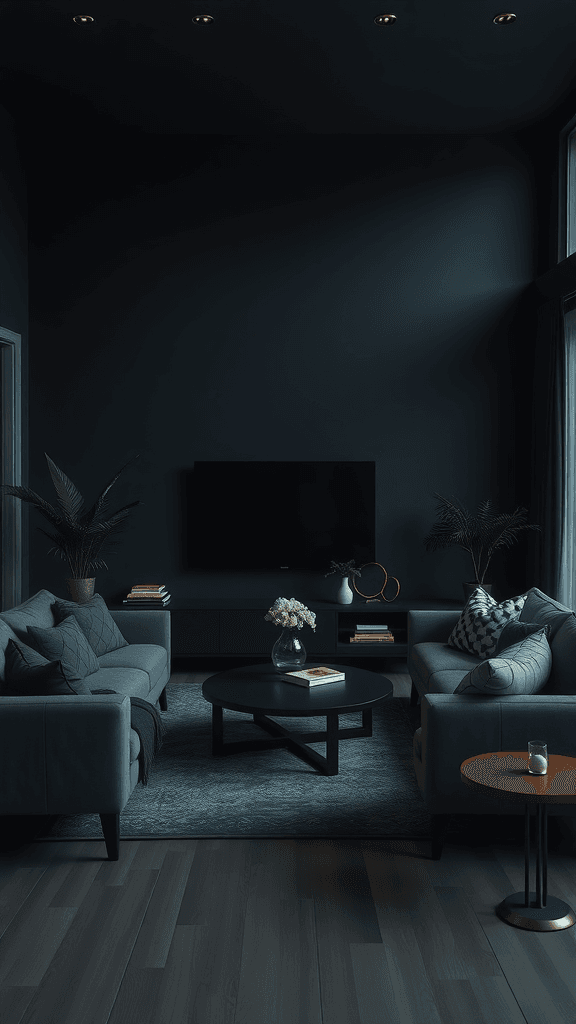 Dark boho living room with stylish furniture and plants