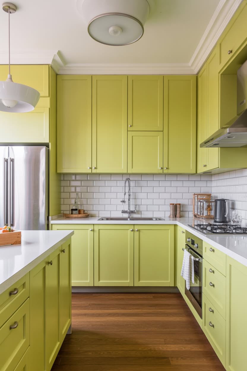 Bright chartreuse yellow-green kitchen cabinets with white subway tile backsplash and white countertops