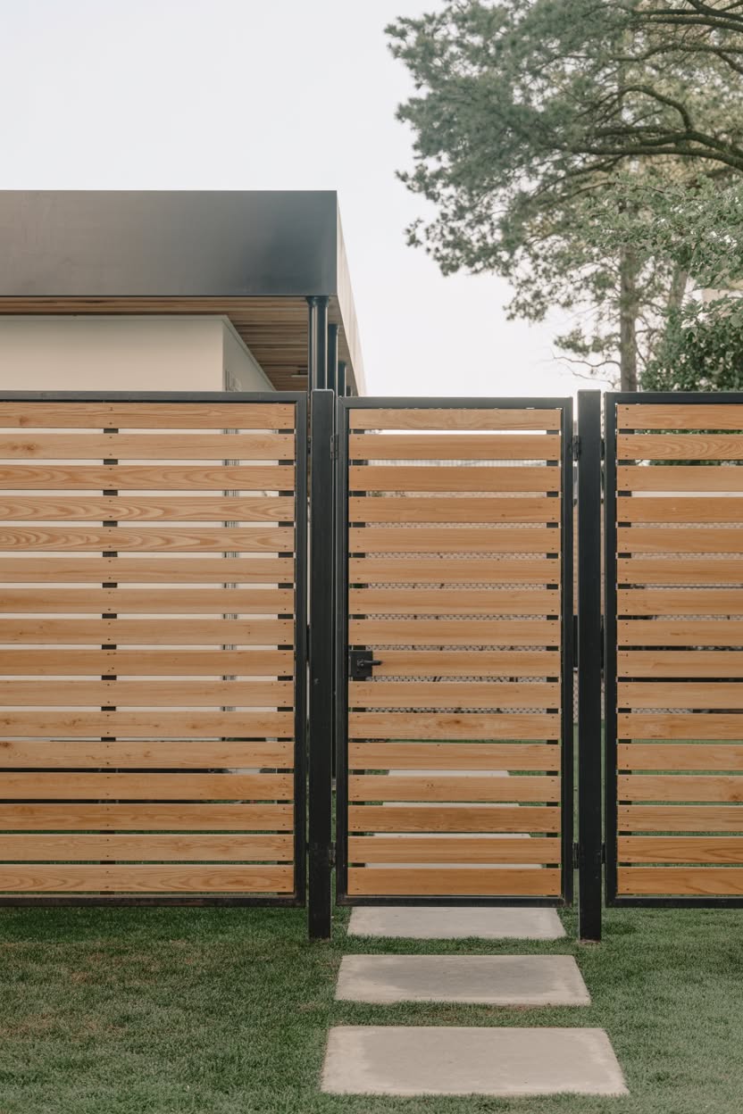 Modern horizontal wood slat privacy fence with black metal frame and gate with concrete stepping stones