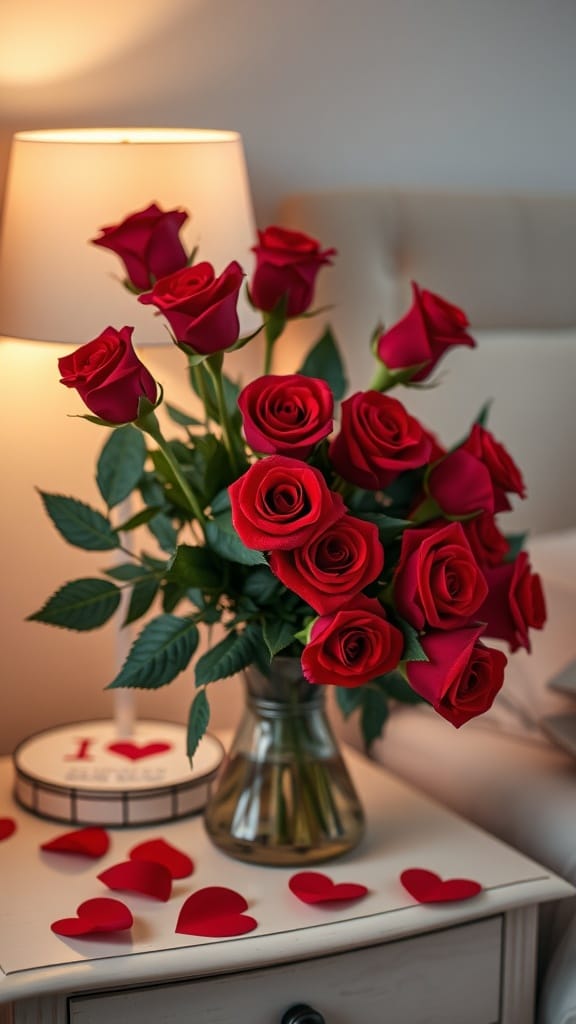 A bouquet of red roses on a bedside table with heart-shaped decorations.