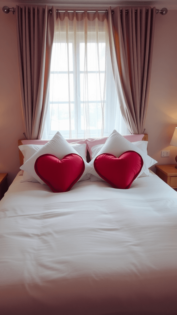 Cozy bedroom with heart-shaped pillows in red and pink on a bed