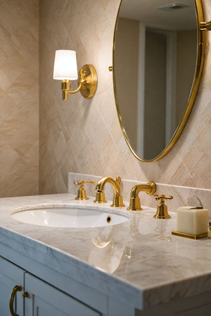 Bathroom with gold fixtures and marble countertop