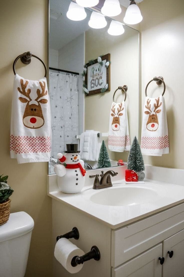 Reindeer Towel and Snowman Sink Setup