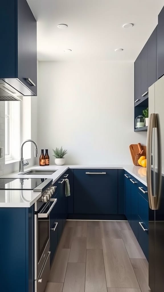 Modern kitchen featuring navy blue cabinets and sleek design.