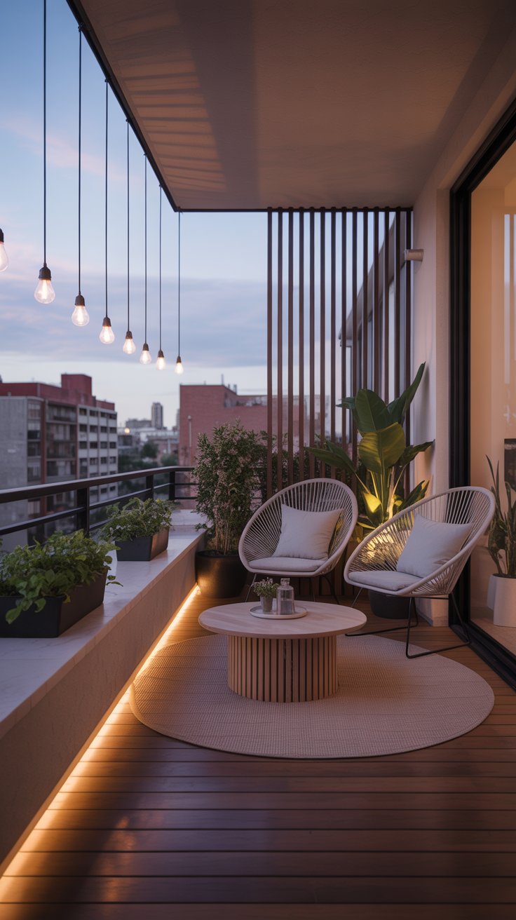 Balcony with modern lighting and wooden flooring