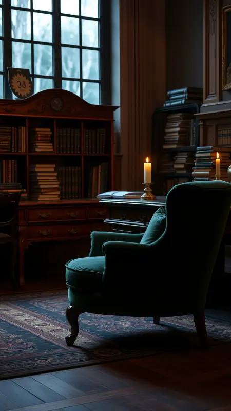 A dimly lit office with a forest green velvet armchair next to an antique mahogany desk, books stacked high, candlelight glowing softly