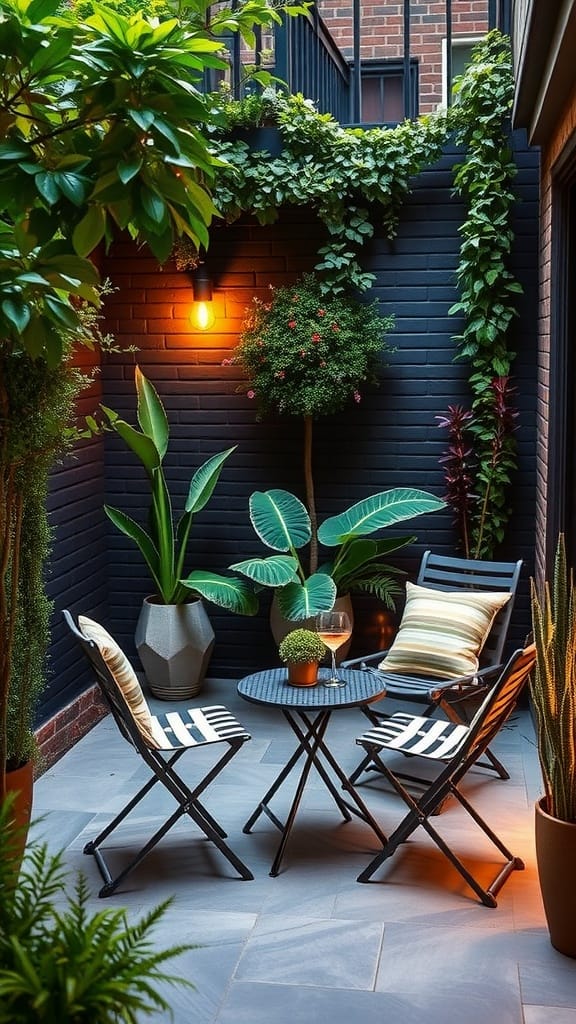 A small patio featuring a round table, two chairs, and potted plants with string lights above.