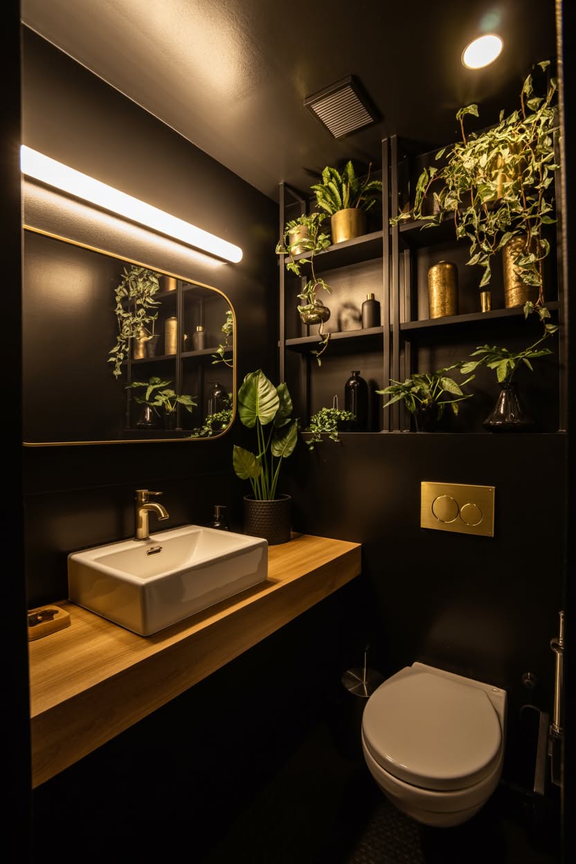 Modern black bathroom with gold fixtures, floating wood vanity, and lush green plants on open shelving