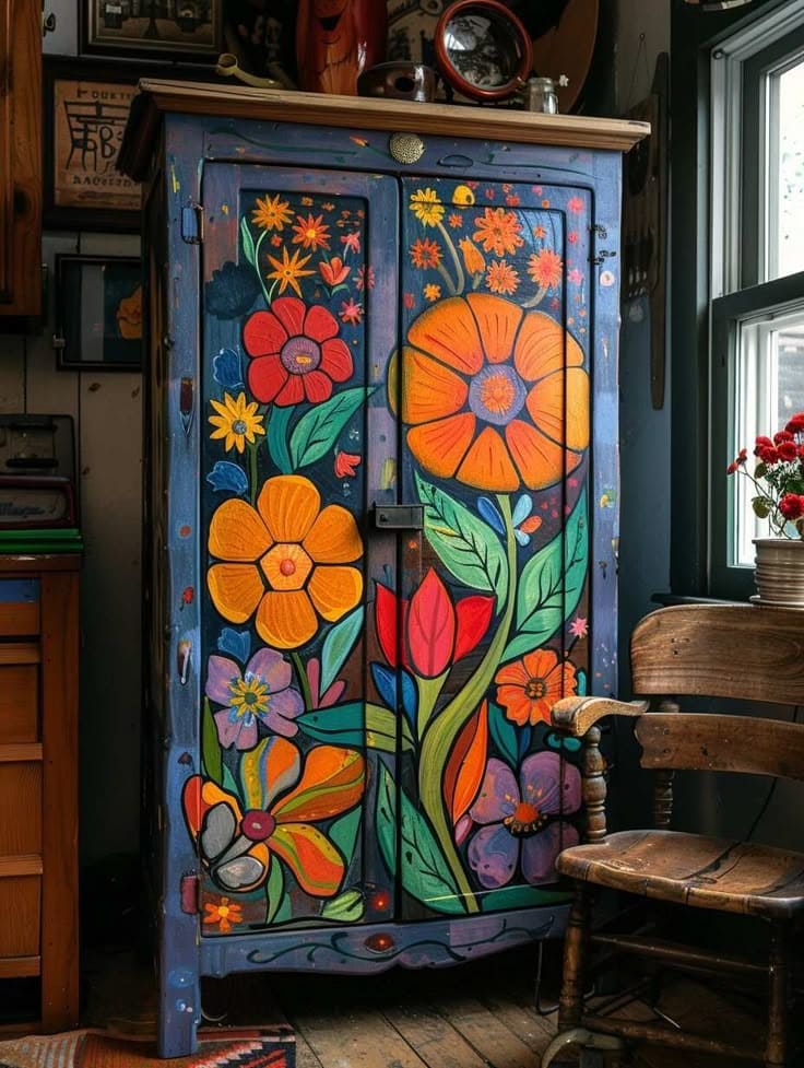 Whimsical Garden Bloom Painted Cabinet