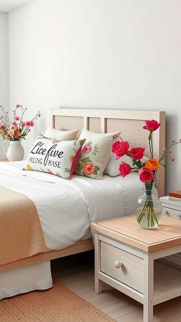 A bright and cozy bedroom featuring floral accents, with a bed adorned with colorful pillows and fresh flowers in a vase.