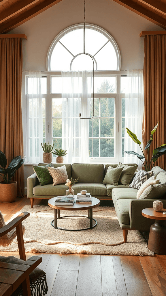 A cozy living room featuring earthy tones with a green sofa, wooden accents, and plants.