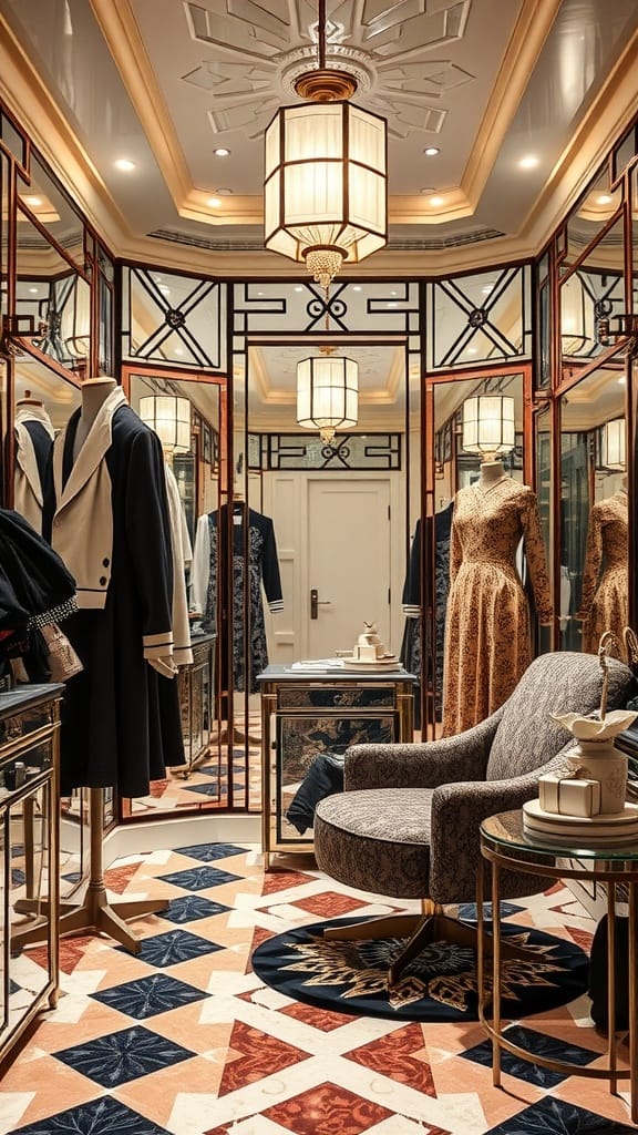 A vintage Art Deco dressing room featuring mirrors, stylish clothing, and intricate flooring.