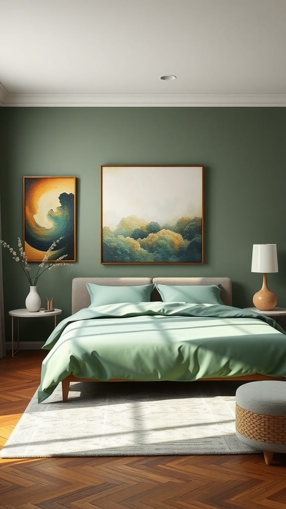A stylish sage green bedroom featuring artwork that complements the color theme.