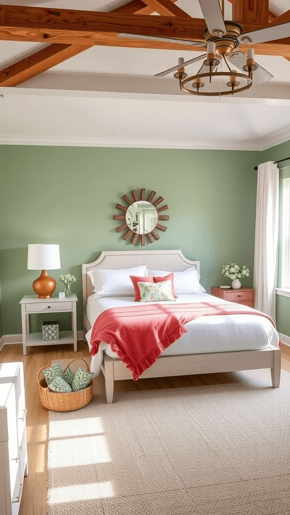 A beautifully designed bedroom featuring sage green walls and white accents, showcasing a cozy and inviting atmosphere.
