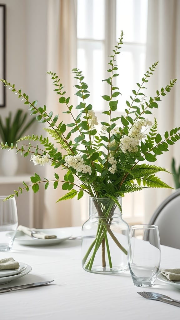 A clear vase filled with greenery and flowers as a spring centerpiece on a dining table.