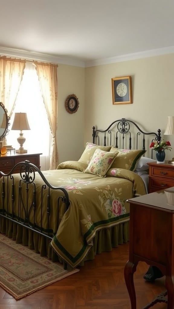 A vintage styled bedroom featuring olive green bedding and classic decor.