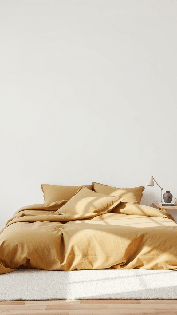 Minimalistic olive green bedroom bedding with simple decor