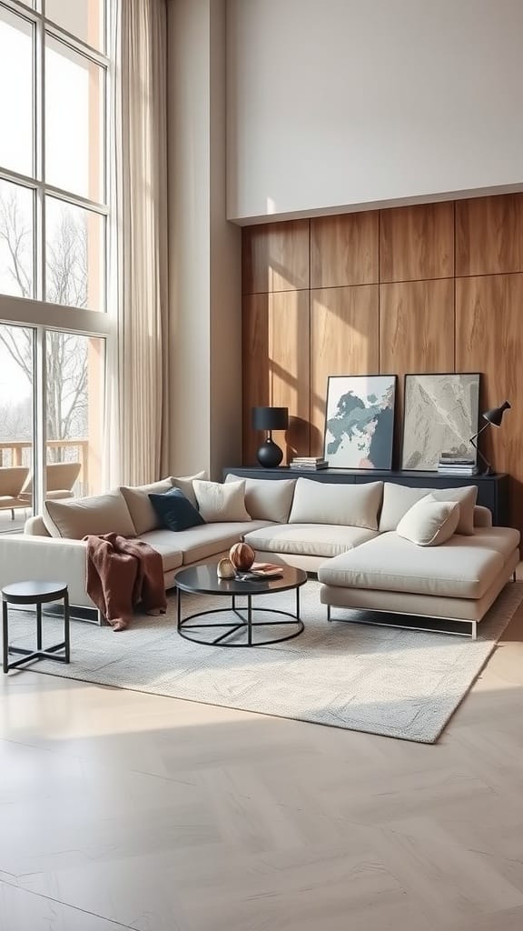 Modern living room with a sleek modular sofa, wooden flooring, and large windows.