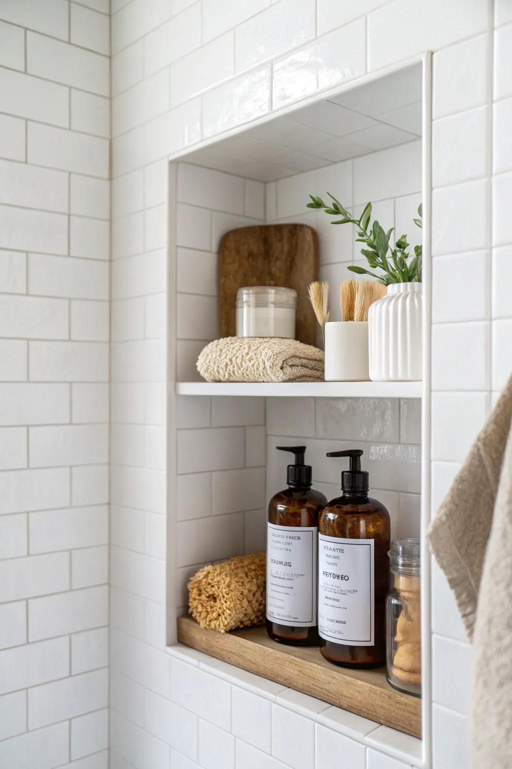 Elevate your shower space with a stylish niche that combines functionality and flair. #ShowerNiche #ScandiBoho