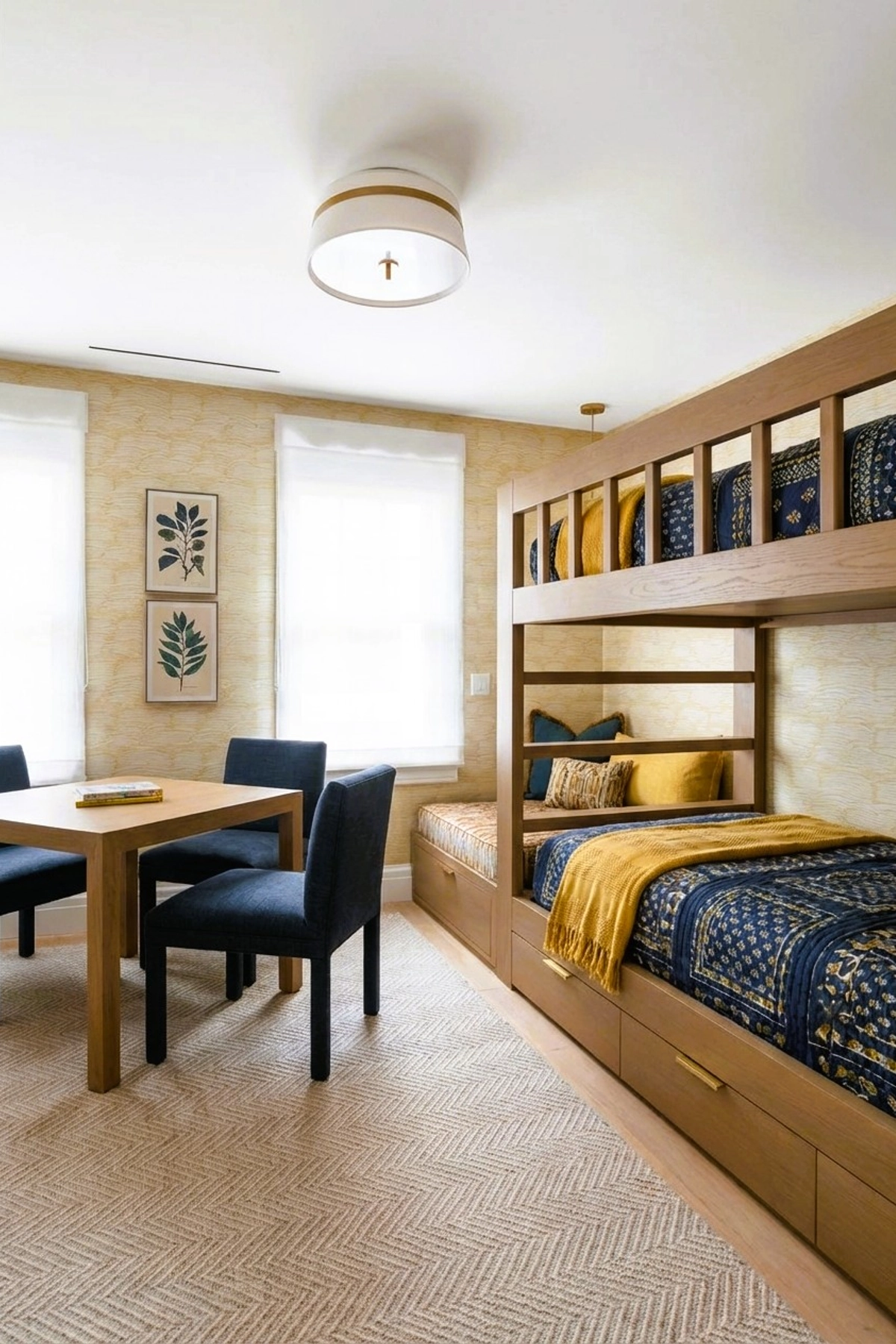 Built in bunk beds with navy and gold bedding, warm wood frames, a small table with navy chairs, and two bright windows in a shared bedroom