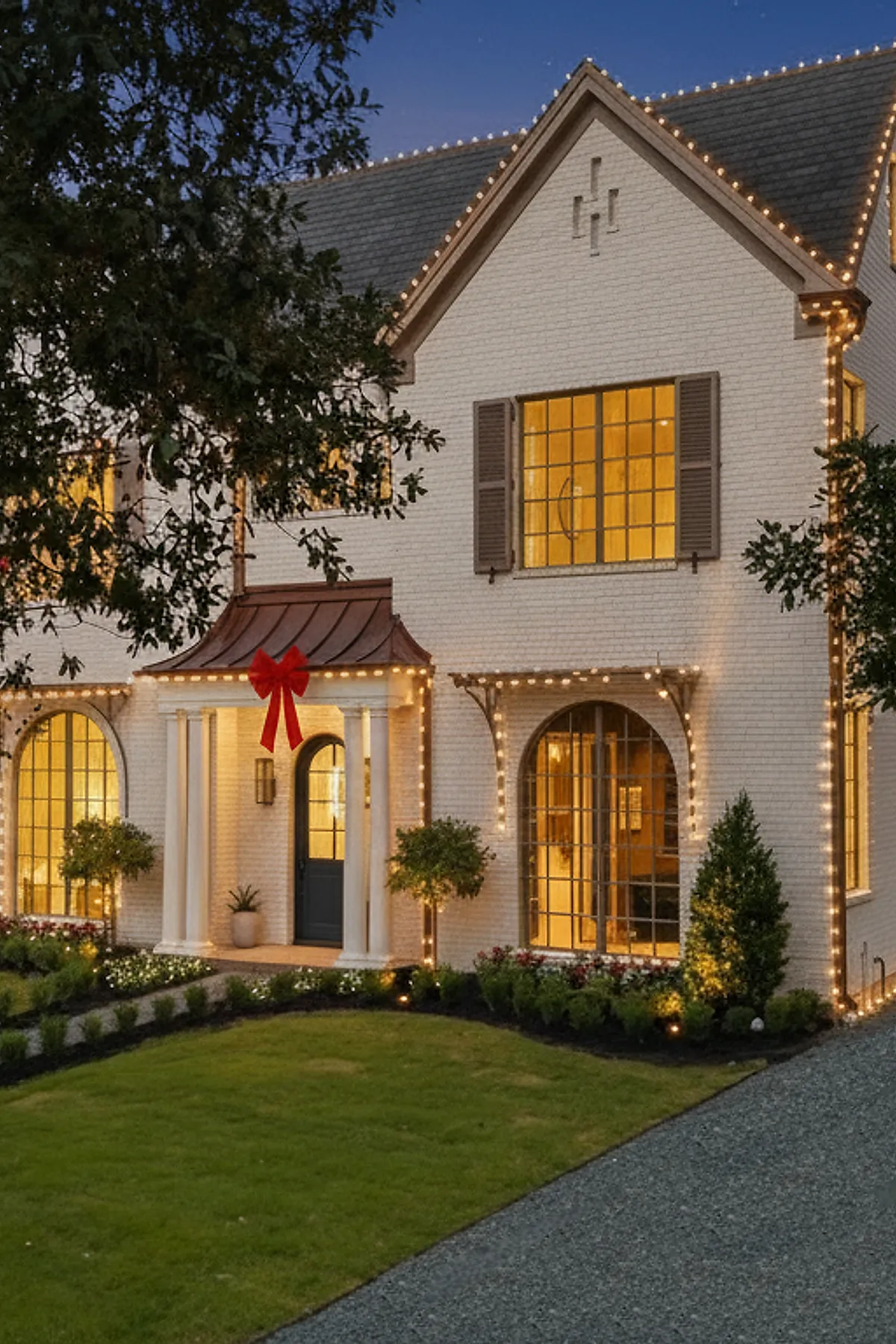 White brick two-story house with warm white christmas lights outlining the roof, porch, and columns; a large red bow hangs above the front door under a copper porch roof, framed by trees and manicured green lawn at dusk.
