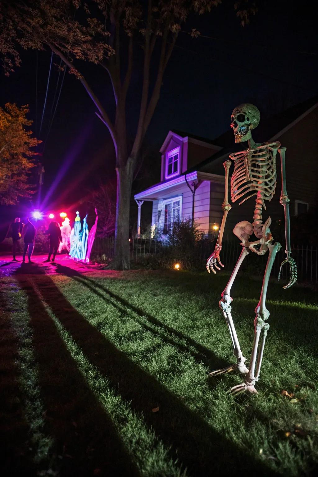 Thoughtful illumination transforms the skeleton into an enchanting nighttime display.