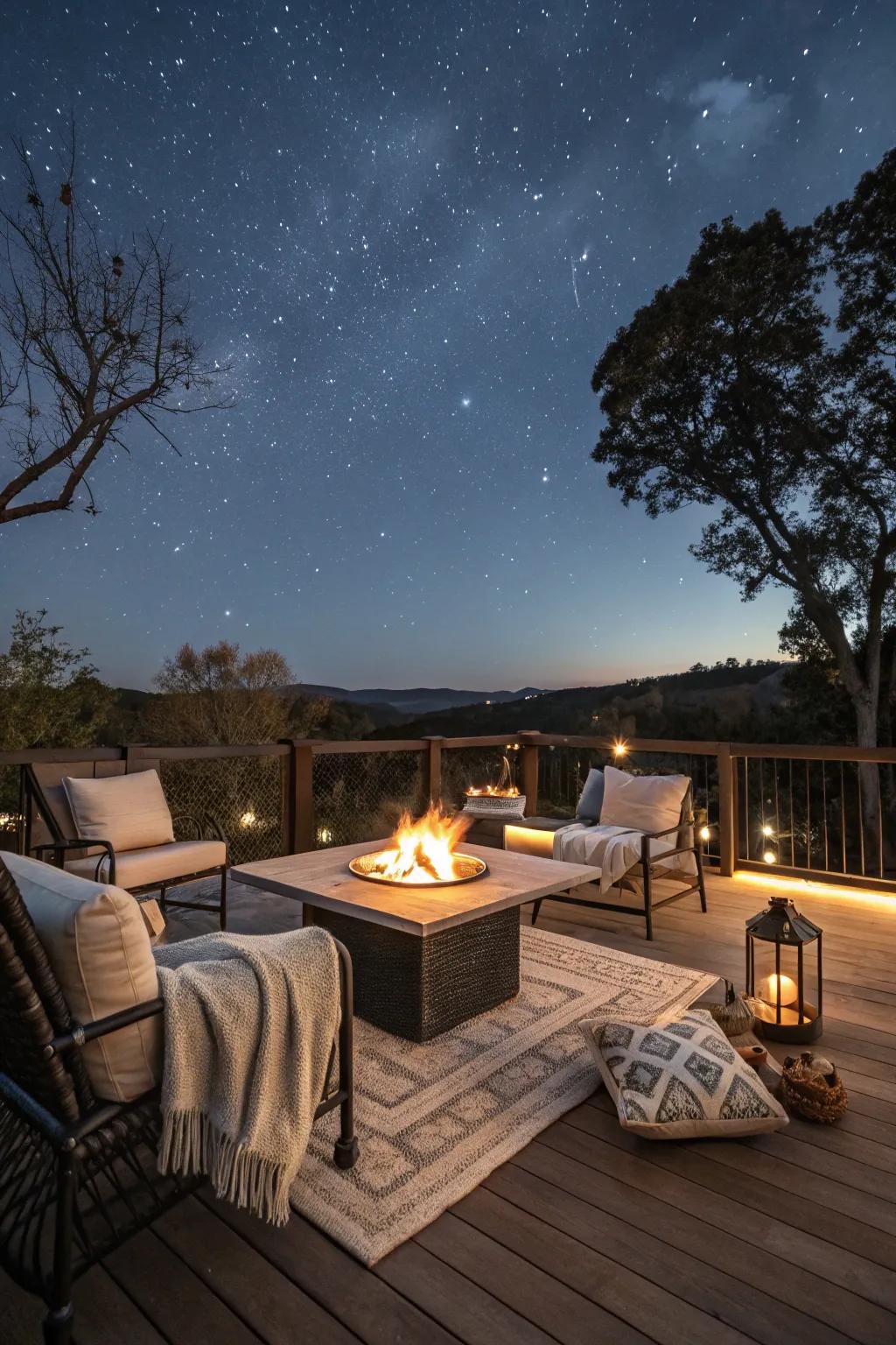 A fire pit table serves as a warm and inviting centerpiece for your deck.