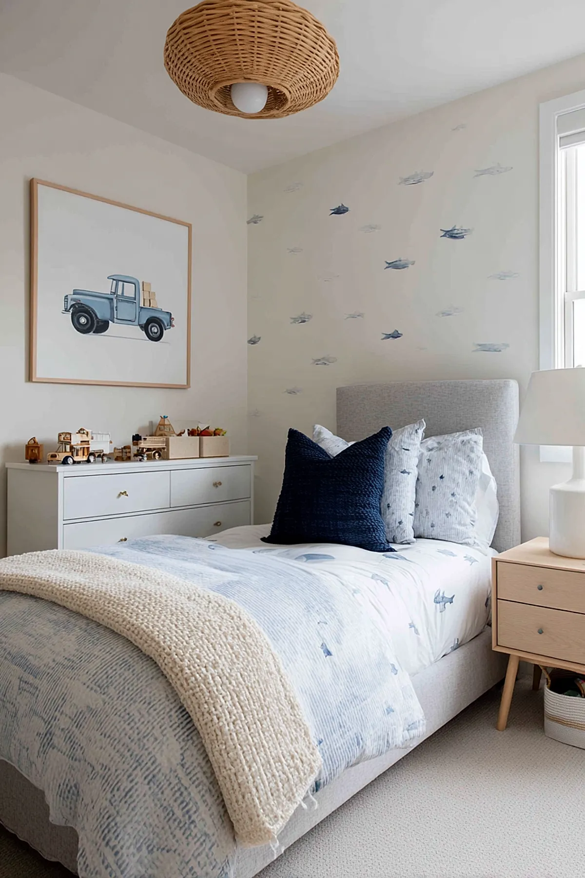 Boys bedroom with light gray upholstered bed dressed in pale blue shark print bedding, dark navy accent pillow, cream knitted throw, white walls with scattered blue shark decals, wooden dresser with toy trucks, woven rattan ceiling light.