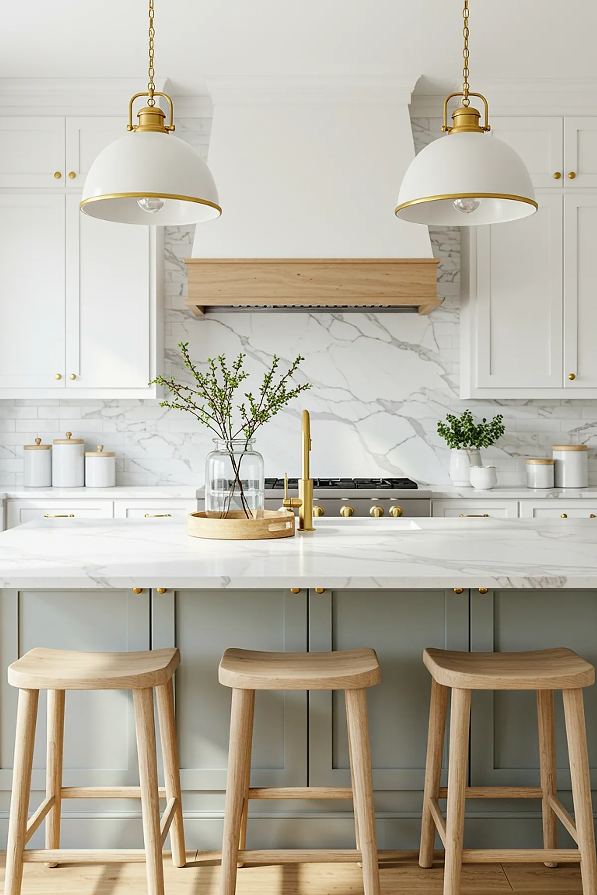 White dome pendant lights with brass accents over a marble kitchen island with wooden stools.