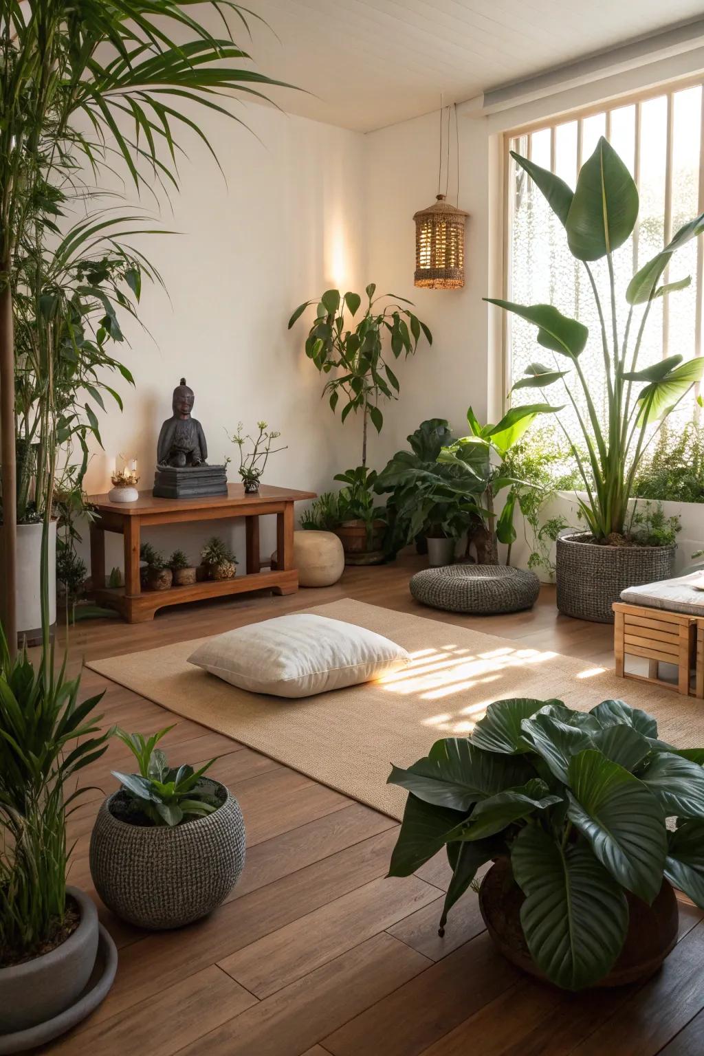 Greenery contributes a relaxing, natural aspect to your meditation room.