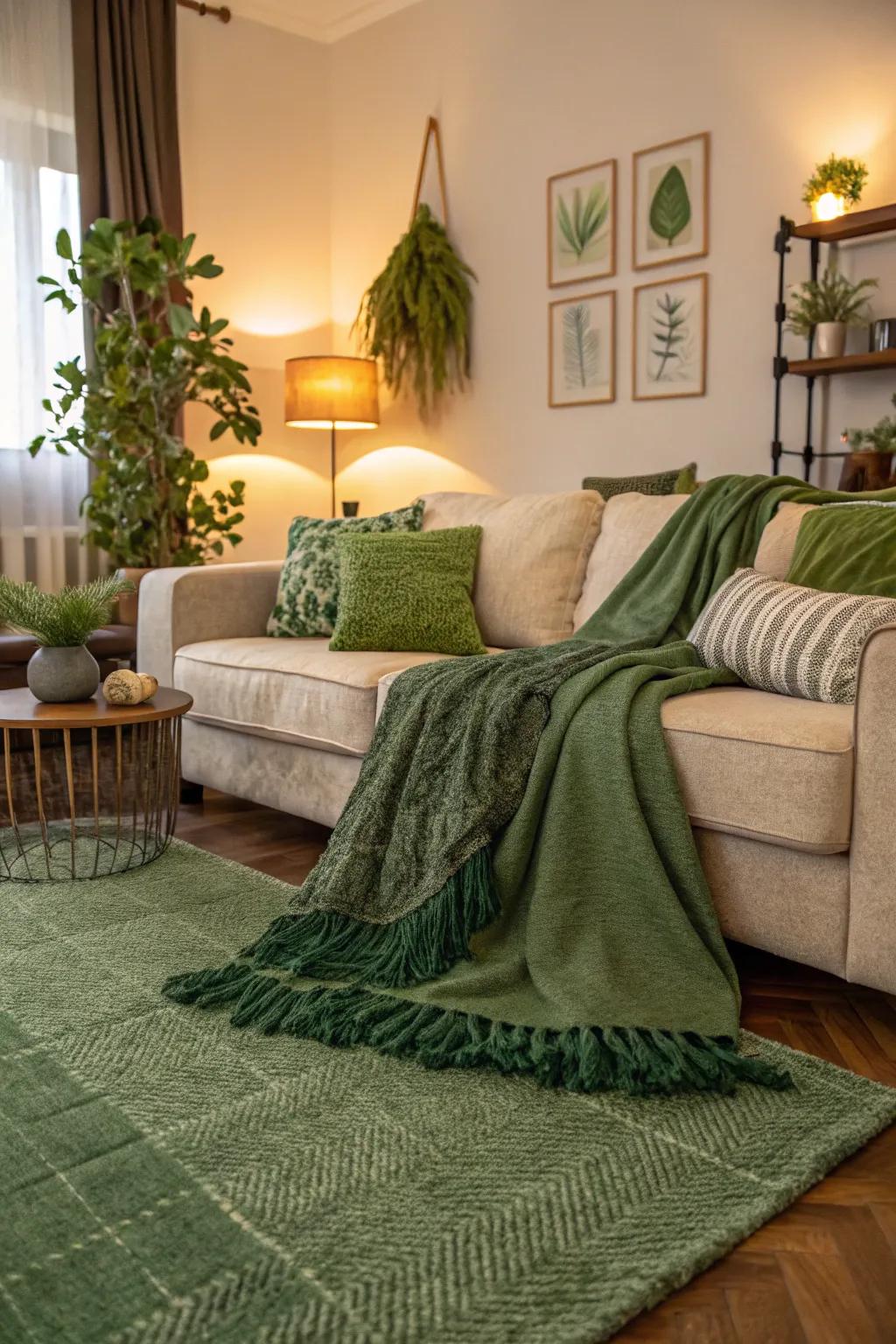 Layering various green textiles amplifies the warmth and depth of your living area.