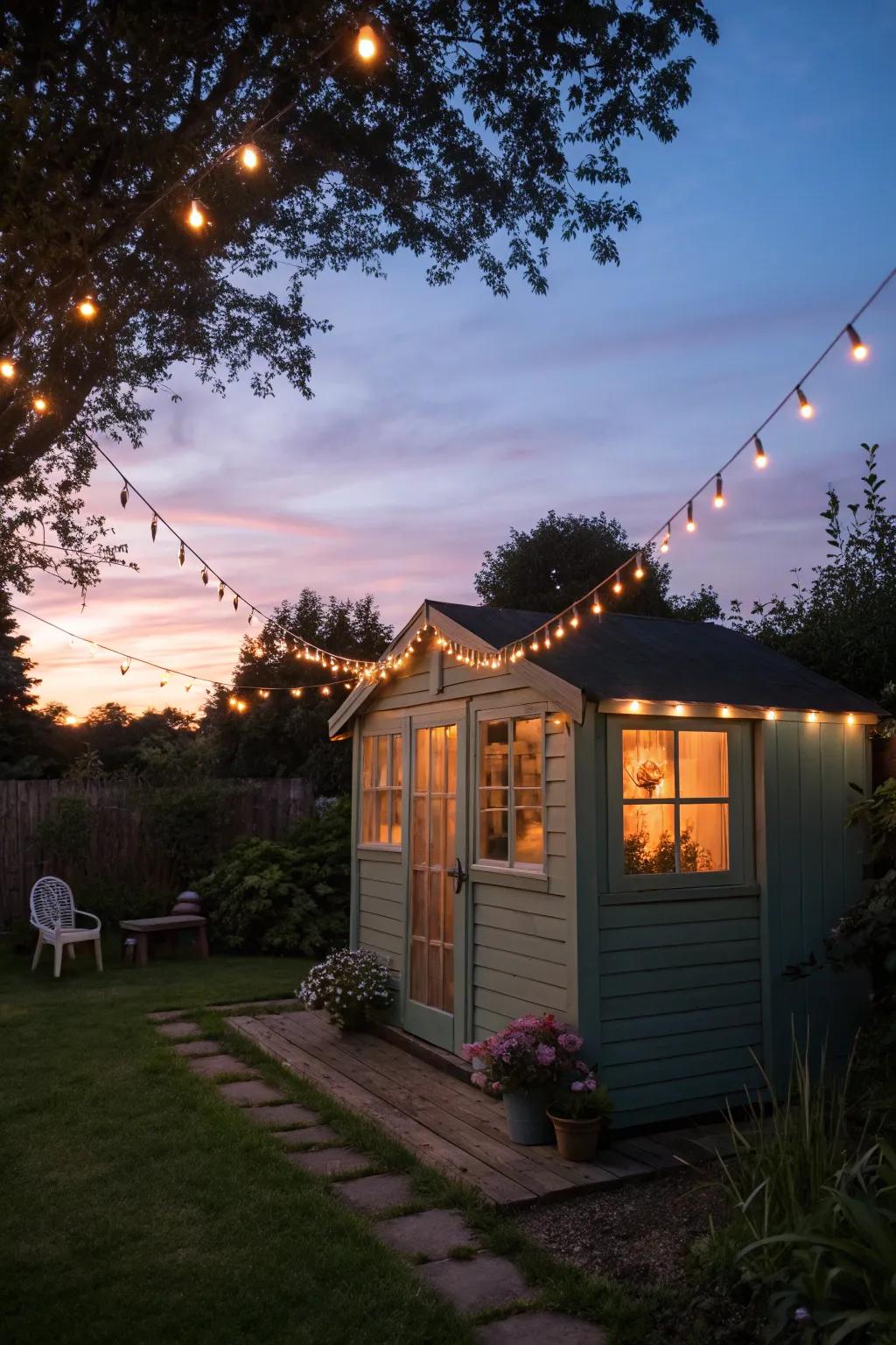 Fairy lights create a magical nighttime ambiance.