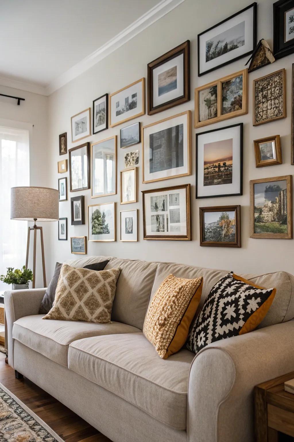 Enhance spatial perception on your photo wall through frames of divergent thicknesses.